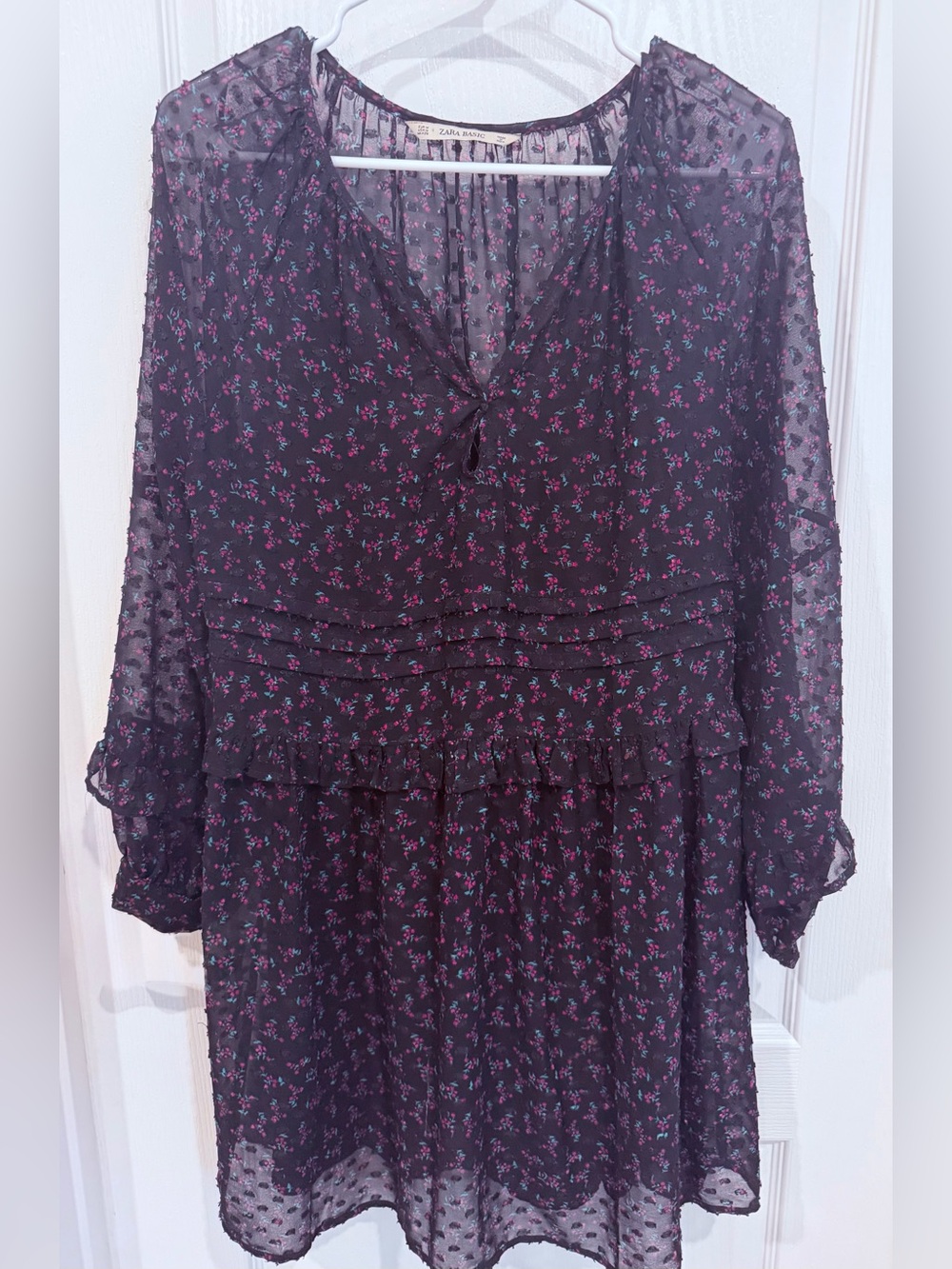 ZARA Basic Black Floral Chiffon Ruffle Mini Dress Sheer Sleeve Size M - Picture 7 of 8
